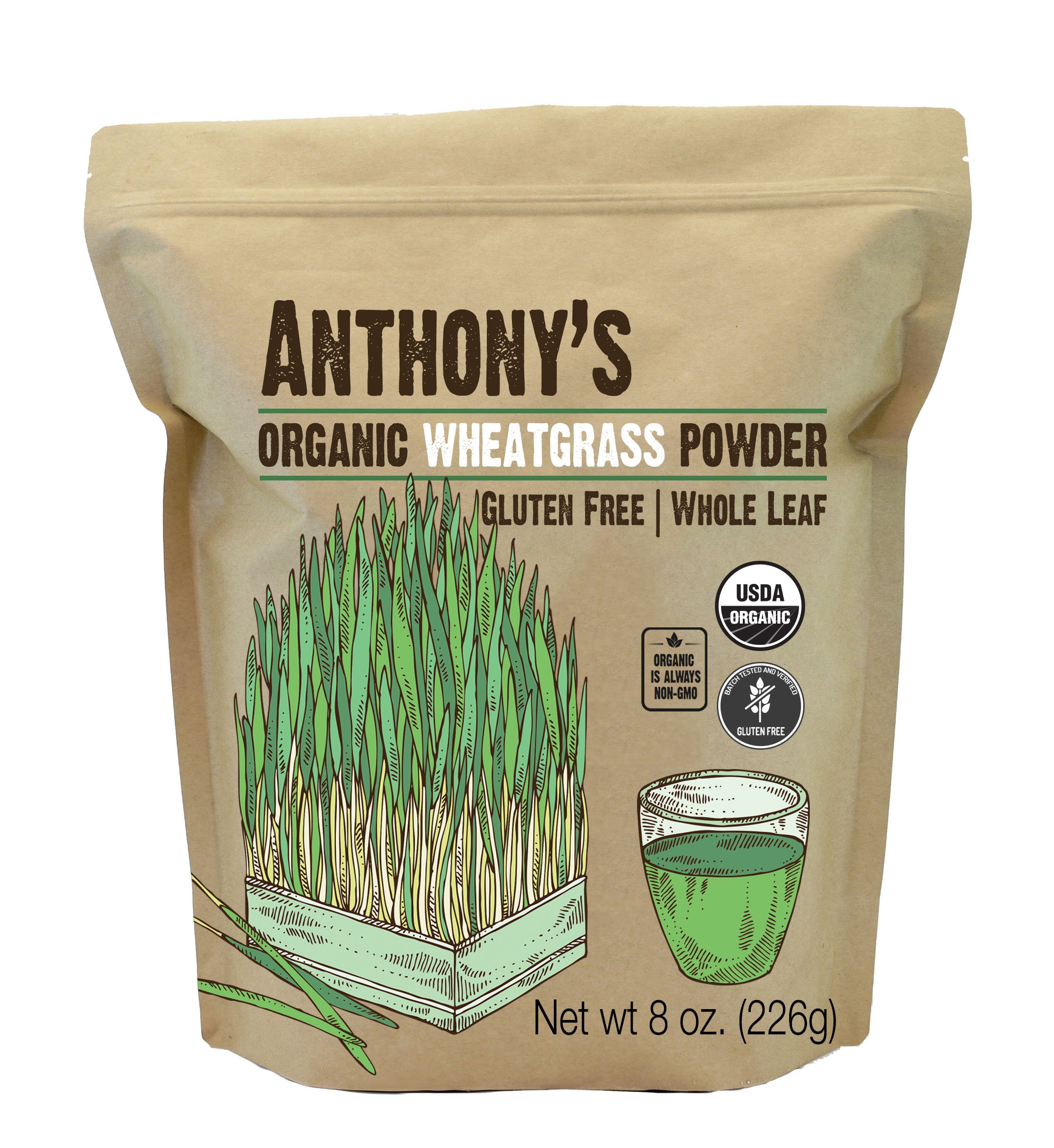 Book Cover Anthony's Organic Wheatgrass Powder, 8 oz, Grown in USA, Whole Leaf, Gluten Free, Non GMO 8 Ounce (Pack of 1)