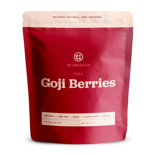 Book Cover SB Organics Goji Berries - 2lb 1 Pack Bag of Organic Non-GMO Vegan Dried Goji Berry - Free of Sulfites, Gluten, Dairy, and Soy