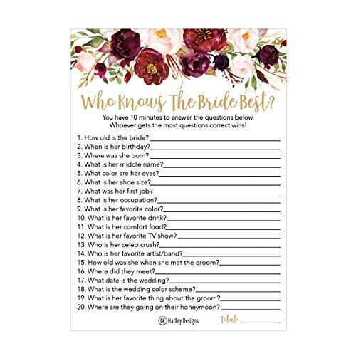 Book Cover 25 Cute Flowers How Well Do You Know The Bride Bridal Wedding Shower or Bachelorette Party Game Floral Who Knows The Best Does The Groom Couples Guessing Question Set of Cards Pack Printed Engagement