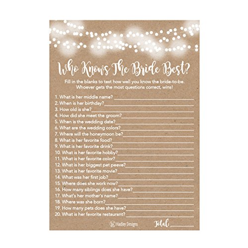 Book Cover 25 Kraft Rustic How Well Do You Know The Bride Bridal Wedding Shower or Bachelorette Party Game, Who Knows The Bride Best Does The Groom? Couples Guessing Question Set of Cards Pack Printed Engagement