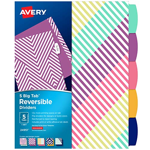 Book Cover Avery 5 Tab Reversible Fashion Binder Dividers, Geometric Design, Big Tabs, 1 Set (24951)
