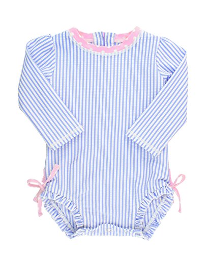 Book Cover RuffleButts® Baby/Toddler Girls Long Sleeve One Piece Swimsuit - Blue Seersucker with UPF 50+ Sun Protection - 18-24m