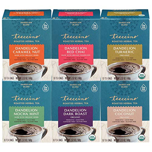 Book Cover Teeccino Dandelion Tea Variety Pack – Dark Roast, Caramel Nut, Mocha Mint, Turmeric, Red Chai, Coconut – Caffeine Free, Gluten Free & Prebiotic Herbal Tea with Roasted Dandelion, 10 Tea Bags (6-Pack)