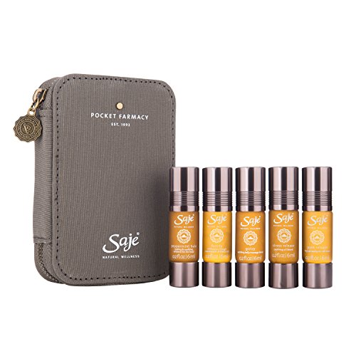 Book Cover Saje Pocket Farmacy Essential Oil Blend Set, Soothes the Head, Supports the Belly, Stress, Pain, Coughs and Colds 5 (0.2 oz) bottles, 100% Natural
