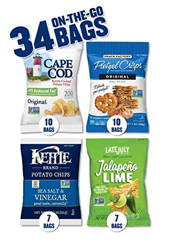 Book Cover Snack Variety Pack with Kettle Brand and Cape Cod Potato Chips, Late July Tortilla Chips & Snack Factory Pretzel Crisps, 34 Count
