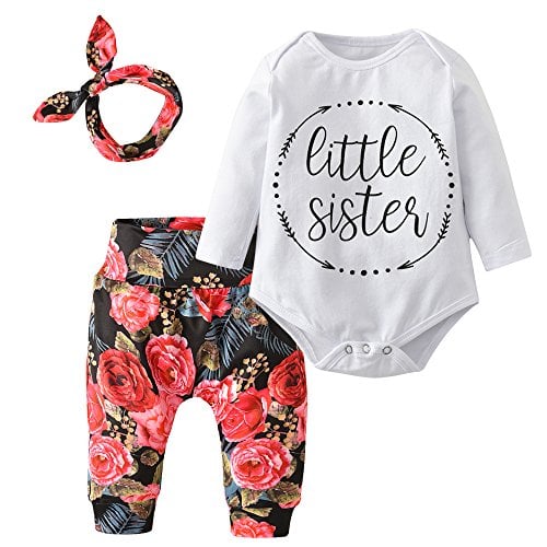 Book Cover Baby Girls' 3 Piece Little Sister Long Sleeve Romper Tops Casual Floral Pants With Headband Clothing Set - White -
