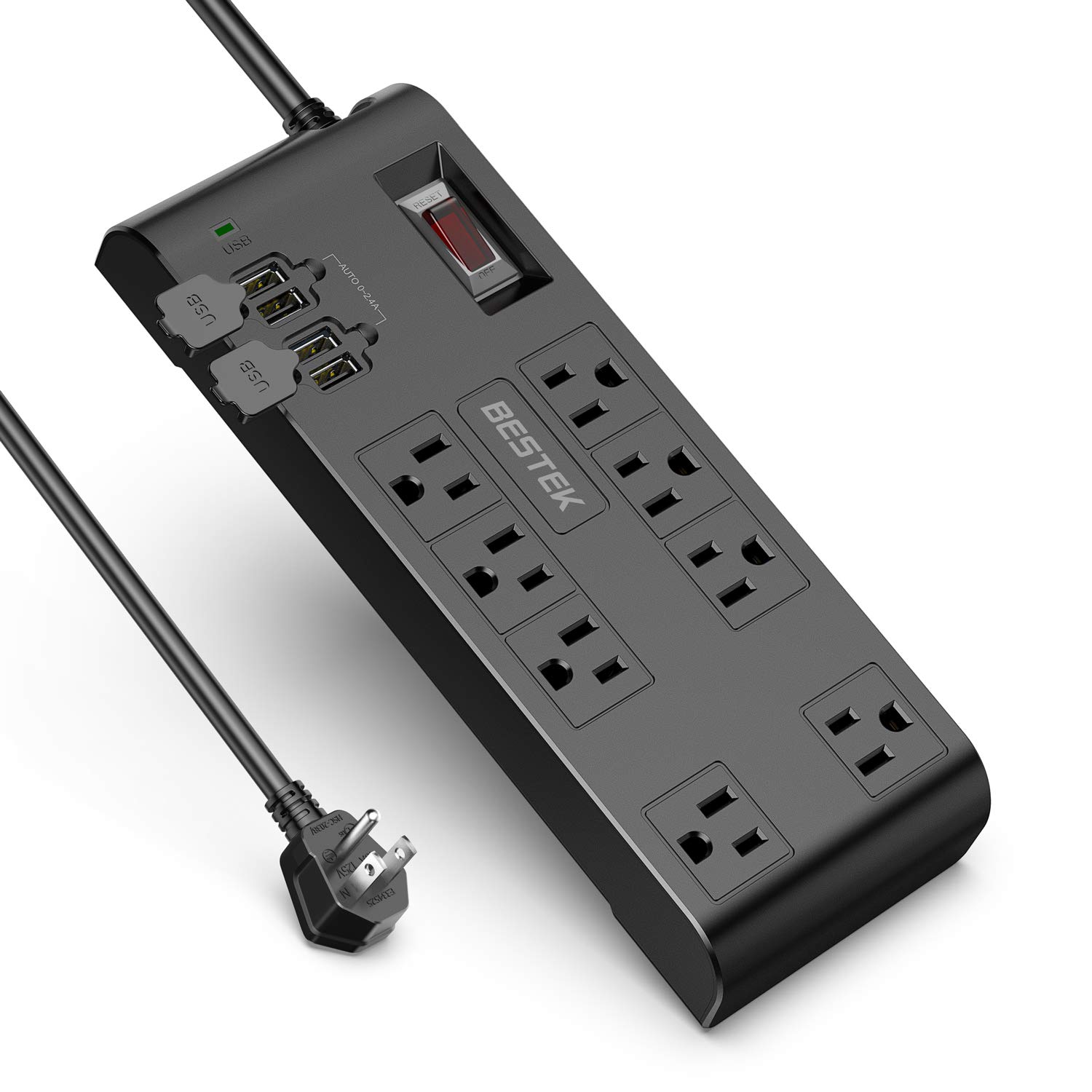 Book Cover BESTEK 8-Outlet 10Ft Extension Cord Power Strip with USB 15A 1875W Surge Protector with 5V 4.2A 4 USB Charging Port Desktop Charging Station,600Joule,Ultra-Compact Wide Spaced Outlet for Large Charger 10Ft Black