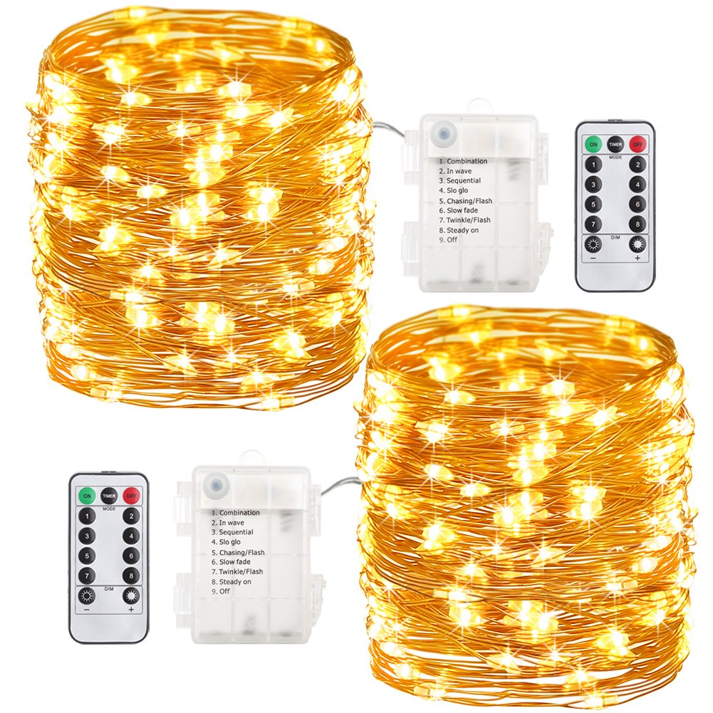 Book Cover GDEALER 2 Pack 33 Feet 100 Led Fairy Lights Battery Operated with Remote Control Timer Waterproof Copper Wire Twinkle String Lights for Halloween Bedroom Indoor Outdoor Wedding Dorm Decor Yellow