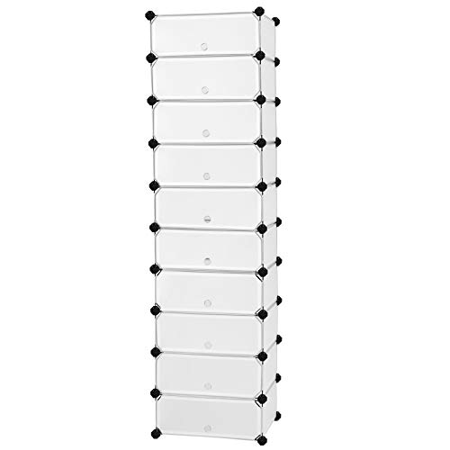 Book Cover SONGMICS 10-Tier Shoe Rack,Plastic Cube Storage Organizer Units,DIY Modular Closet Cabinet with Doors, Includes Rubber Mallet and Anti-Tipping Device, White ULPC10W