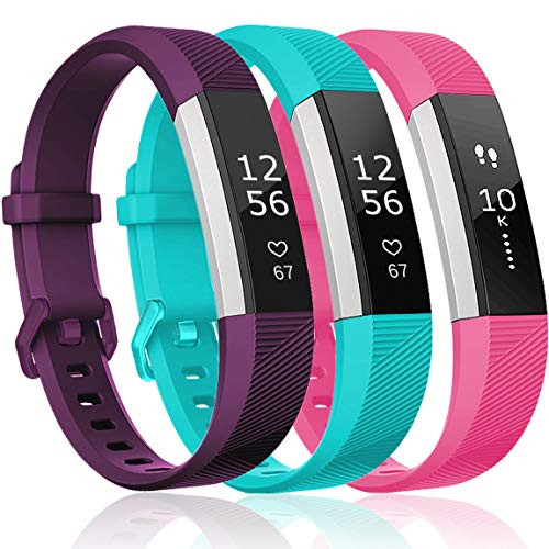 Book Cover Maledan Replacement Bands Compatible for Fitbit Alta, Alta HR and Fitbit Ace, Classic Accessories Band Sport Strap for Fitbit Alta HR, Fitbit Alta and Fitbit Ace, 3 Pack, Plum/Rose Pink/Teal, Small