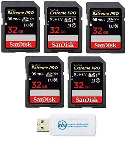 Book Cover SanDisk 32GB (Five Pack) SD HC Extreme Pro Memory Card for Digital DSLR Camera SDHC 4K V30 UHS-I (SDSDXXG-032G-GN4IN) with Everything But Stromboli (TM) Combo Reader
