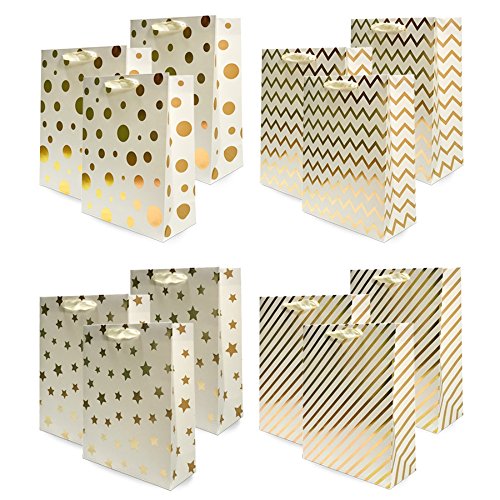 Book Cover UNIQOOO 12Pcs Premium Assorted Gold Foil Metallic Gift Bags Bulk, Large 12.5x10.5X4 Inch,100% Recyclable Paper Ribbon Handle, for Christmas Wedding, Birthday Party,Retail Shopping Wrap Bag Idea