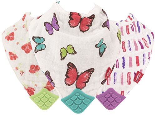 Book Cover Nuby Reversible 100% Natural Cotton Muslin 3 Piece Teething Bib, Pink, Aqua, Purple, Flower, Butterfly, Stripes, Girl, 3 Count