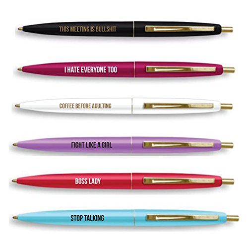 Book Cover Snarky Boss Lady Pen Set in Brilliant Multicolor - Set of 6 Refillable Black Ink Ballpoint Click Clic Pens