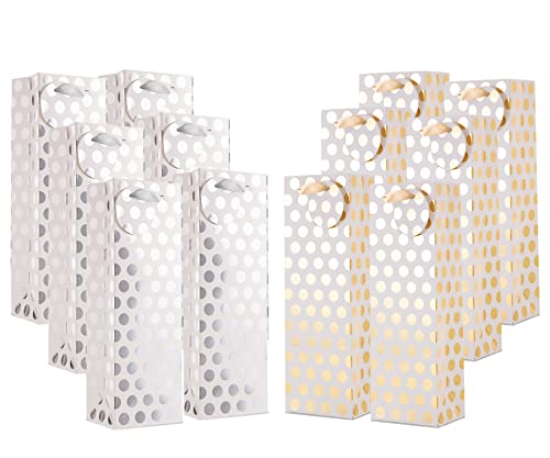 Book Cover UNIQOOO 12PCS Metallic Gold Sliver Christmas Champagne Wine Gift Bags Bulk with Gift Tags, Polka Dots Single Bottle Paper Tote, For Holidays New Year Anniversary Housewarming Gift Packing Decor, Wedding Birthday Party Favor,14 x 4.75 Inch
