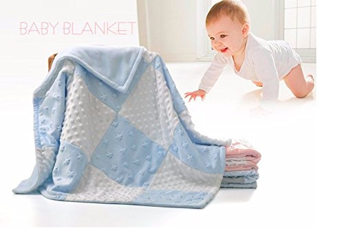 Book Cover Blue Fleece Minky Baby Blanket by Little Bunny - White Satin Plush Receiving Blankets for Nursery - Bedding for Toddler - Elegant, Soft Sherpa Fabric, Ultra Unique Crib Blankee with Raised Dots
