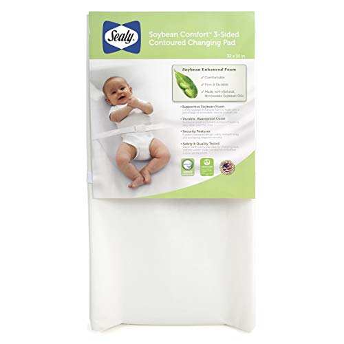Book Cover Sealy Soybean Comfort 3-Sided Waterproof Contoured Baby Diaper Changing Pad for Dresser or Changing Table - White, 32” x 16”
