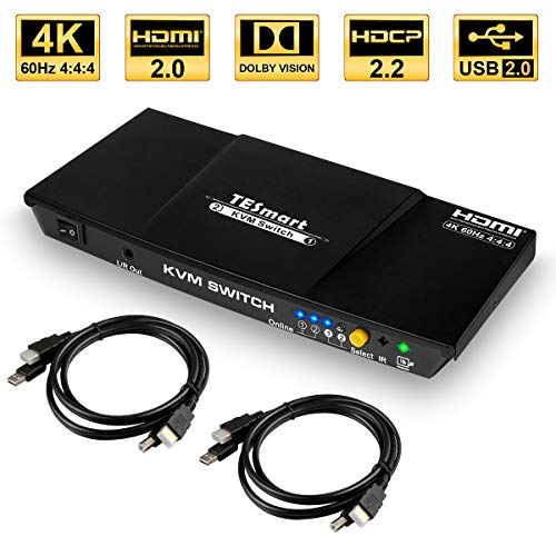 Book Cover TESmart HDMI 4K@60Hz Ultra HD 2x1 HDMI KVM Switch 3840x2160@60Hz 4:4:4 with 2 Pcs 5ft KVM Cables Supports USB 2.0 Devices Control up to 2 Computers/Servers/DVR