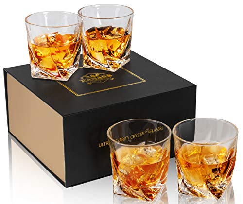 Book Cover KANARS Twist Whiskey Glasses 10 Oz set of 4, 100% Lead Free Crystal Clear Sturdy Whisky Glass Tumbler for Scotch, Bourbon and More, Old Fashioned Rocks Glass