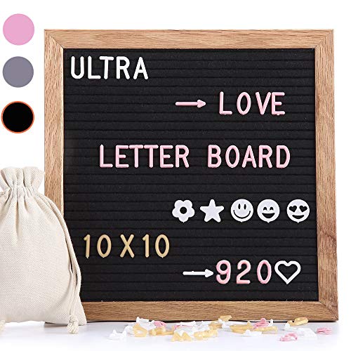 Book Cover Felt Letter Board Gray 10x10 Inches with Stand, 920 PCS Changeable Letters & Lovely Emojis, Solid Oak Wood Material, Decorative Display Board Designed with Metal Hook on The Wall (Black)