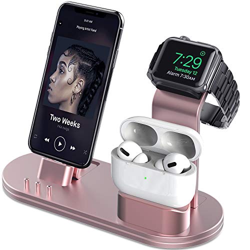 Book Cover OLEBR Charging Stand for Original Cable Compatible with AirPods 2/1, iWatch Series 6/SE/5/4/3/2/1,iPhone/11/Xs/X Max/XR/X/8/8Plus/7/7 Plus /6S /6S Plus-Dark Rose Gold