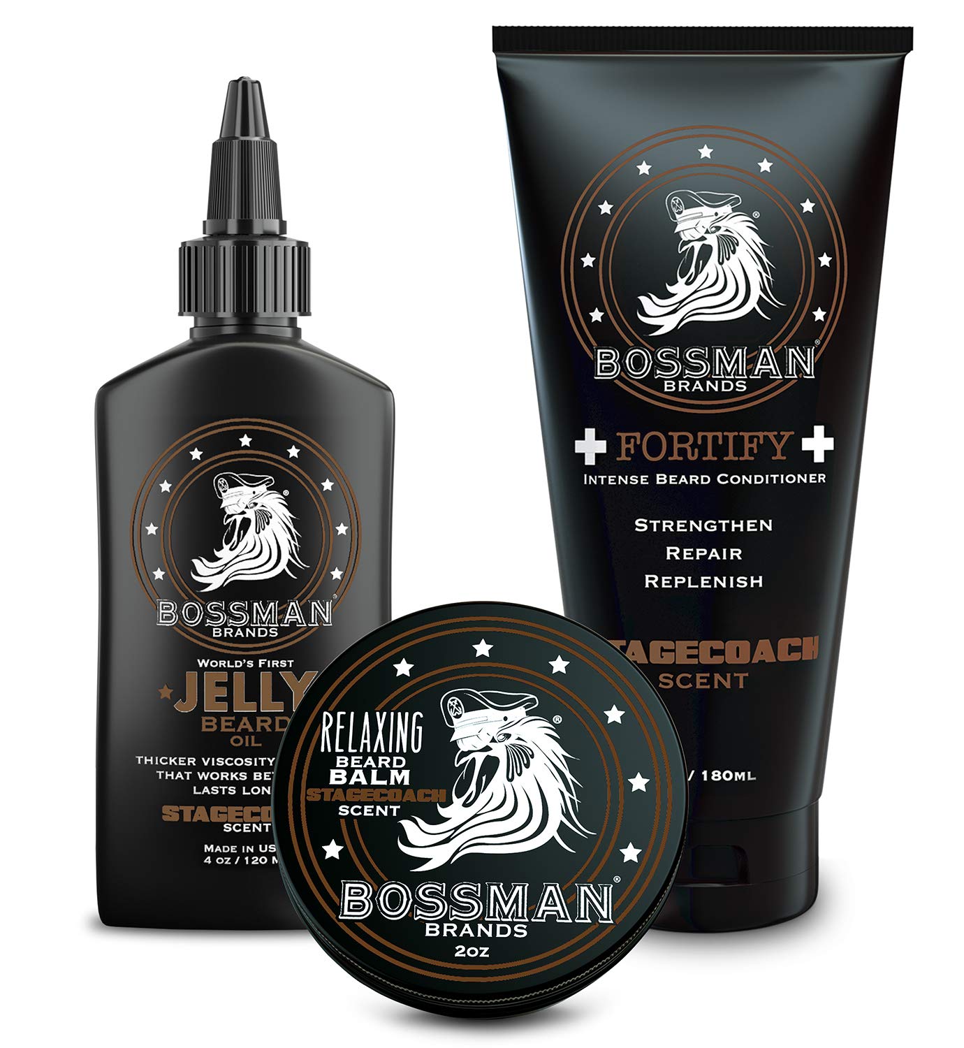 Book Cover Bossman Essentials Beard Kit for Men - Beard Oil Jelly, Fortifying Conditioner Cream, Beard Balm - Grooming Growth Care Accessories (Stagecoach)