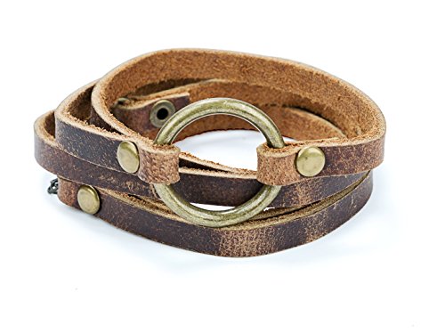 Book Cover SPUNKYsoul Boho Handmade 5 Wrap Cuff Genuine Leather Antique Gold Circle Adjustable Western Weathered Rustic Bohemian Multi-Layer Bracelet Jewelry Gift for Women (Brown)