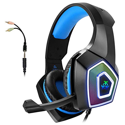 Book Cover Gaming Headset with Mic for Xbox One PS4 PC Switch Tablet Smartphone, Headphones Stereo Over Ear Bass 3.5mm Microphone Noise Canceling 7 LED Light Soft Memory Earmuffs(Free Adapter)