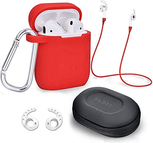Book Cover Case for Airpods Accessories Set, Filoto Airpod Silicone Case Cover with Keychain/Strap/Earhooks/Accessories Storage Travel Box for Apple Airpods 2&1, Best Gift for Your Air Pod (Red)
