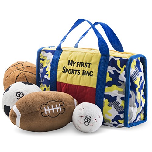 Book Cover Prextex My First Sports Bag Playset with Stuffed Plush Basketball, Baseball, Soccer Ball and Football Great Gift Toy for Baby and Kid