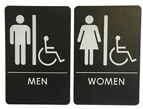 Book Cover Men/Women Restroom Sign with Wheelchair Black/White - ADA Compliant (Bundle of 2 Signs)