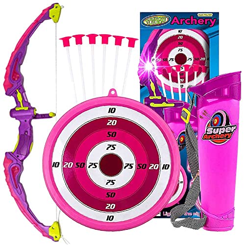 Book Cover Toysery Bow and Arrow for Kids with LED Flash Lights - Archery Set with 6 Suction Cups Arrows, Target, and Quiver, Practice Outdoor Toys Archery Set for Children Above 6 Years Old (Dark Pink)