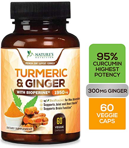 Book Cover Turmeric Curcumin 95% Curcuminoids Highest Potency with BioPerine and Ginger 1950mg - Black Pepper for Best Absorption, Made in USA, Best Vegan Joint Pain Relief, Turmeric Ginger Pills - 60 Capsules