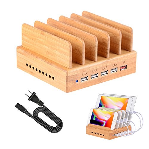 Book Cover Fastest Charging Station for Multiple Devices, Othoking Bamboo Charging Station with Quick Charge 3.0 & 5 Port USB Charger Compatible with Cellphone,Pad,Tablets