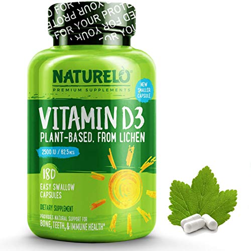 Book Cover NATURELO Vitamin D - 2500 IU - Plant Based - from Lichen - Best Natural D3 Supplement for Immune System, Bone Support, Joint Health - Whole Food - Vegan - Non-GMO - Gluten Free - 180 Capsules