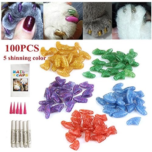 Book Cover Ninery Ave 100Pcs Cat Nail Caps Pet Soft Claws Control Paws of 5 Different Shinning Crystal Colors and 5Pcs Adhesive Glue 5pcs Applicator with Instructions Support (L)