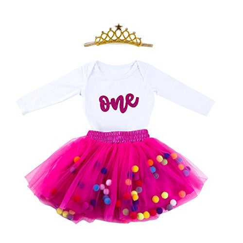 Book Cover Baby Girls 1st Birthday Outfit Glitter One Romper Balls Skirt Crown Headband (Hot Pink, 12-18Months)