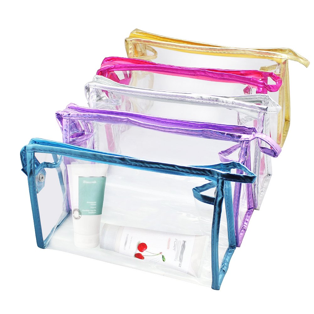 Book Cover Meetory 5 Pcs Clear Waterproof Cosmetic Bag with Zipper, PVC Transparent Plastic Makeup Organizing Bags Travel Toiletry Pouch for Bathroom, Vacation and Organizing multicolor 5 Count (Pack of 1)