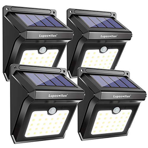 Book Cover 28 LEDs Solar Lights Outdoor, Luposwiten Solar Motion Sensor Lights Wireless Security Lights, 400 Lumen Waterproof Solar Powered Lights for Steps Yard Garage Porch Patio（4-Pack）