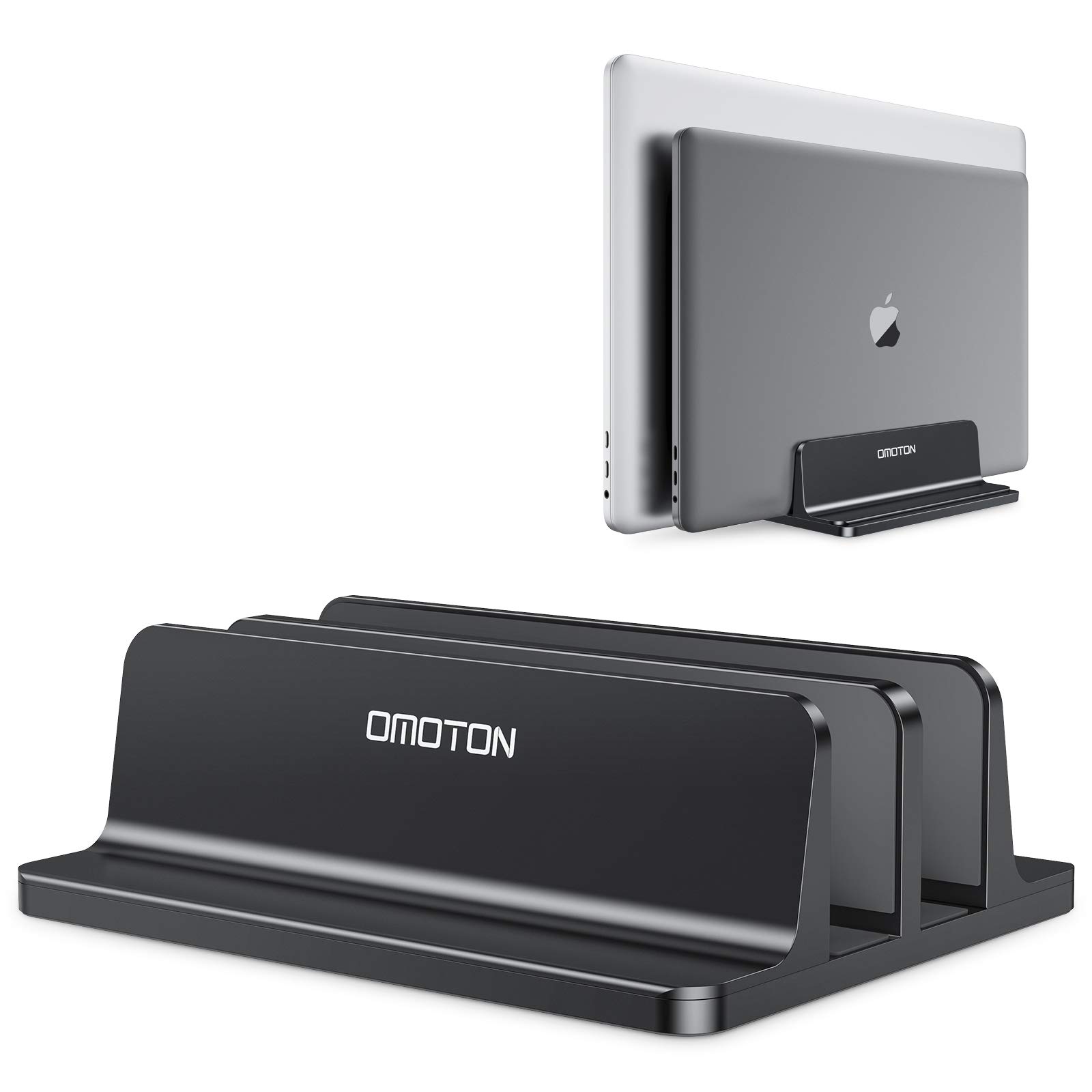 Book Cover OMOTON [Updated Dock Version] Vertical Laptop Stand, Double Desktop Stand Holder with Adjustable Dock (Up to 17.3 inch), Fits All MacBook/Surface/Samsung/HP/Dell/Chrome Book (Black)