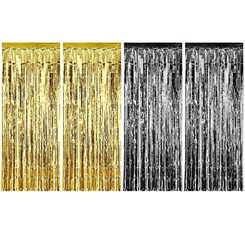 Book Cover Sumind 4 Pack Foil Curtains Metallic Fringe Curtains Shimmer Curtain for Birthday Wedding Party Christmas Decorations (Gold and Black)