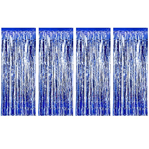 Book Cover 4 Pack Foil Curtains Metallic Fringe Curtains Shimmer Curtain for Birthday Wedding Christmas Decorations (Blue)