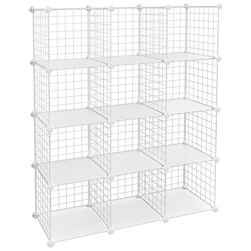 Book Cover SONGMICS 12 Metal Wire Cube, Shelves Organizer,Stackable Storage Bins, Modular Bookcase, DIY Closet Cabinet Shelf with Rubber Mallet, 36.6