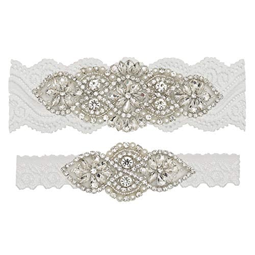 Book Cover Yanstar Wedding Bridal Garter Set Off White Lace For Bridal Accessories Silver Rhinestone Garter Lace