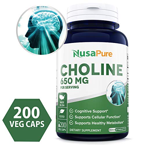Book Cover Choline Bitartrate 650 mg 200 Veggie Capsules (Non-GMO & Gluten Free) Enhance Cognitive Function & Mental Focus, Prenatal Infant Brain Development