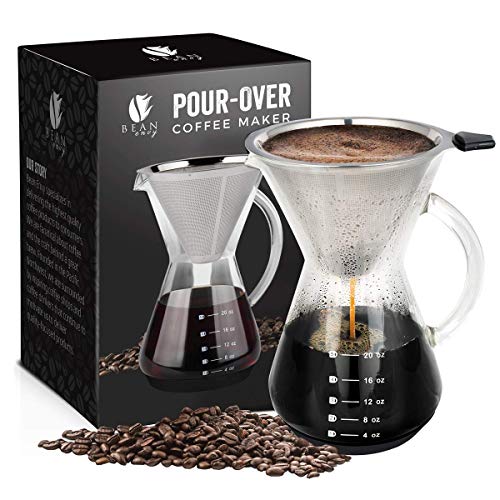 Book Cover Bean Envy Pour Over Coffee Maker - 5 Cup Borosilicate Glass Carafe - Rust Resistant Stainless Steel Paperless Filter/Dripper - Includes Custom Silicone Sleeve