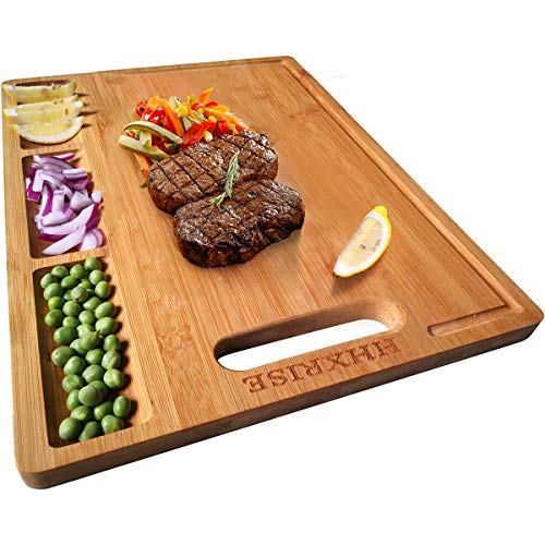 Book Cover Cutting Boards,Large Bamboo Cutting Board With 3 Built-In Compartments And Juice Grooves - Kitchen Chopping Board for Meat (Butcher Block) Cheese and Vegetables(17 x 12.6
