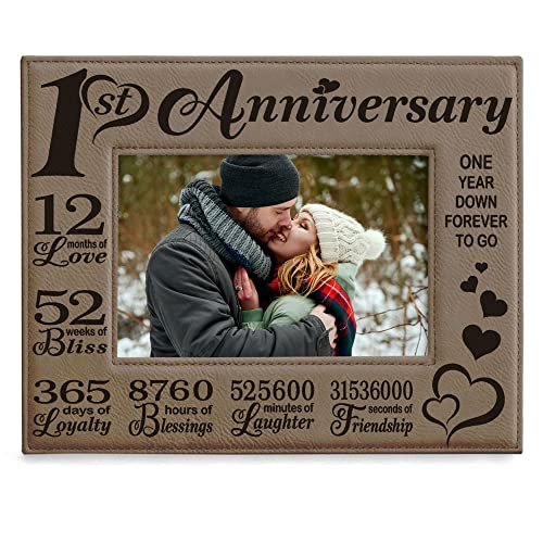 Book Cover Our First (1st) Anniversary Engraved Leather Picture Frame - Gifts for Couple, Gifts for Him, Gift for Her, Paper Anniversary, Photo Frame, First Wedding Anniversary (4x6-Horizontal)