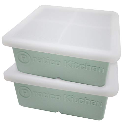 Book Cover Pratico Kitchen Large Ice Tray, 4 Big 2.25 inch Ice Cubes for Whiskey and Cocktails, 2 Pack with Lids