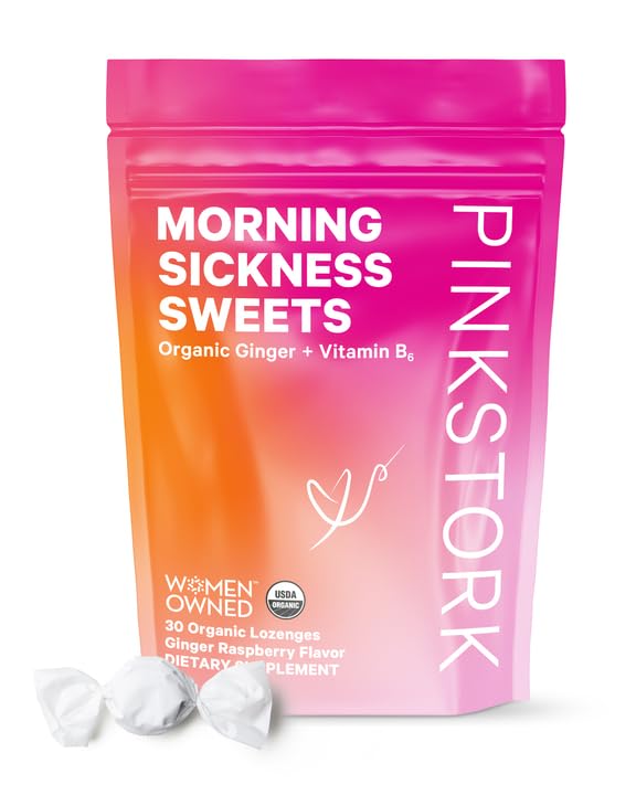 Book Cover Pink Stork Morning Sickness Sweets, Organic Raspberry Ginger Candy with Vitamin B6 for Morning Sickness Support and Occasional Motion Sickness, Pregnancy Must Haves - 30 Wrapped Drops Ginger Raspberry